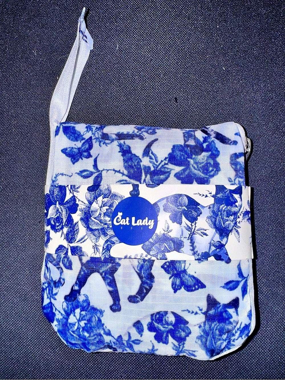 Cat Lady Floral Cat Cosmetic Pouch Blue & White  New
